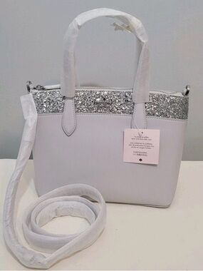 Kate Spade Flash Glitter Satchel Crossbody Bag Light Gray Silver NWT